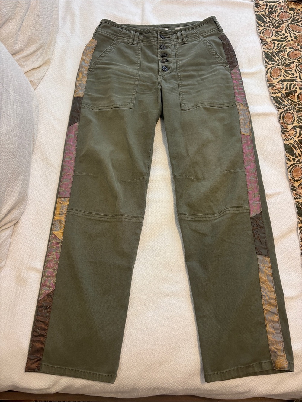 Anthropologie Green Cargo Pants with Patterned Side Trim